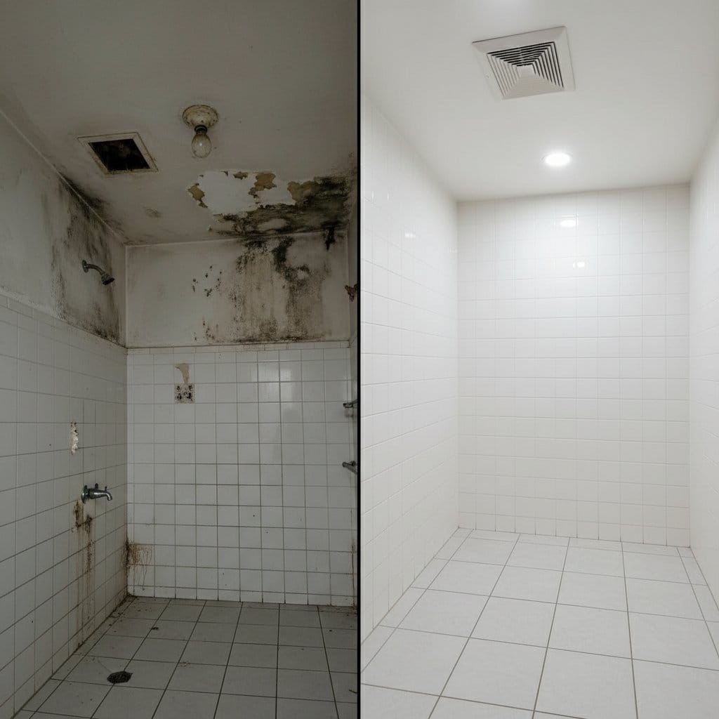 Before and after mold inspection & moisture assessment in Ho-Ho-Kus split-level home bathroom