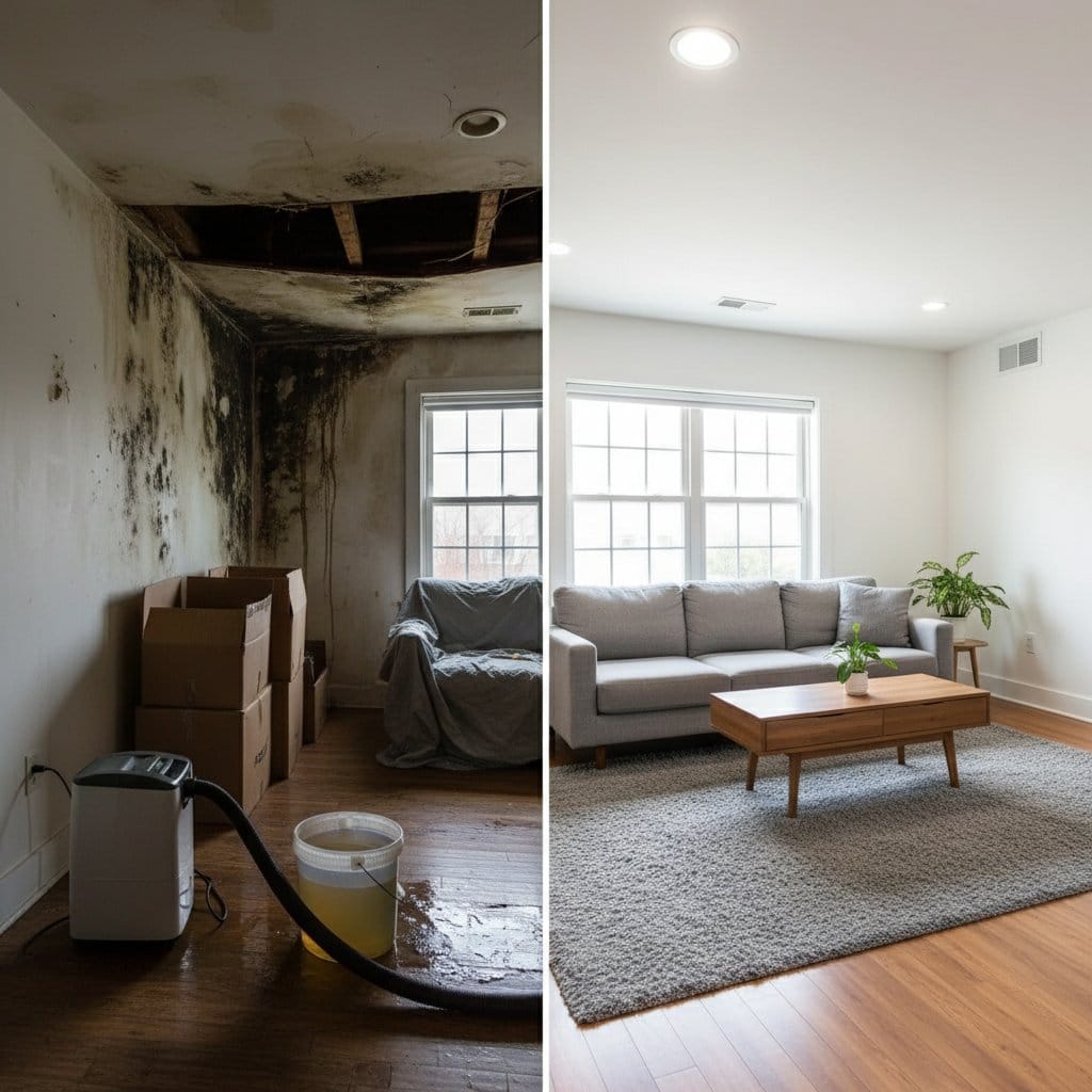 Mold Testing & Lab Reporting before and after in living room, Ho-Ho-Kus NJ