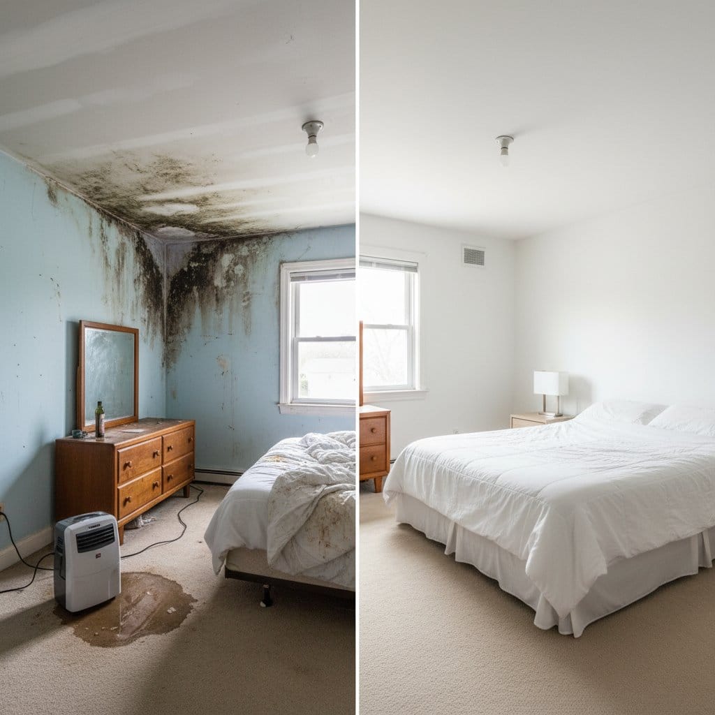 Before and after mold testing & lab reporting in Ho-Ho-Kus two-story residence bedroom