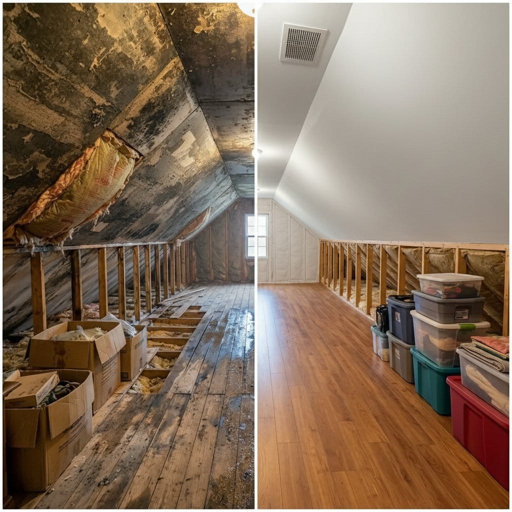 Before and after mold removal & remediation in Ho-Ho-Kus commercial property attic space