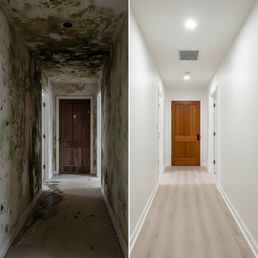 Black Mold Removal before and after in hallway, Ho-Ho-Kus NJ