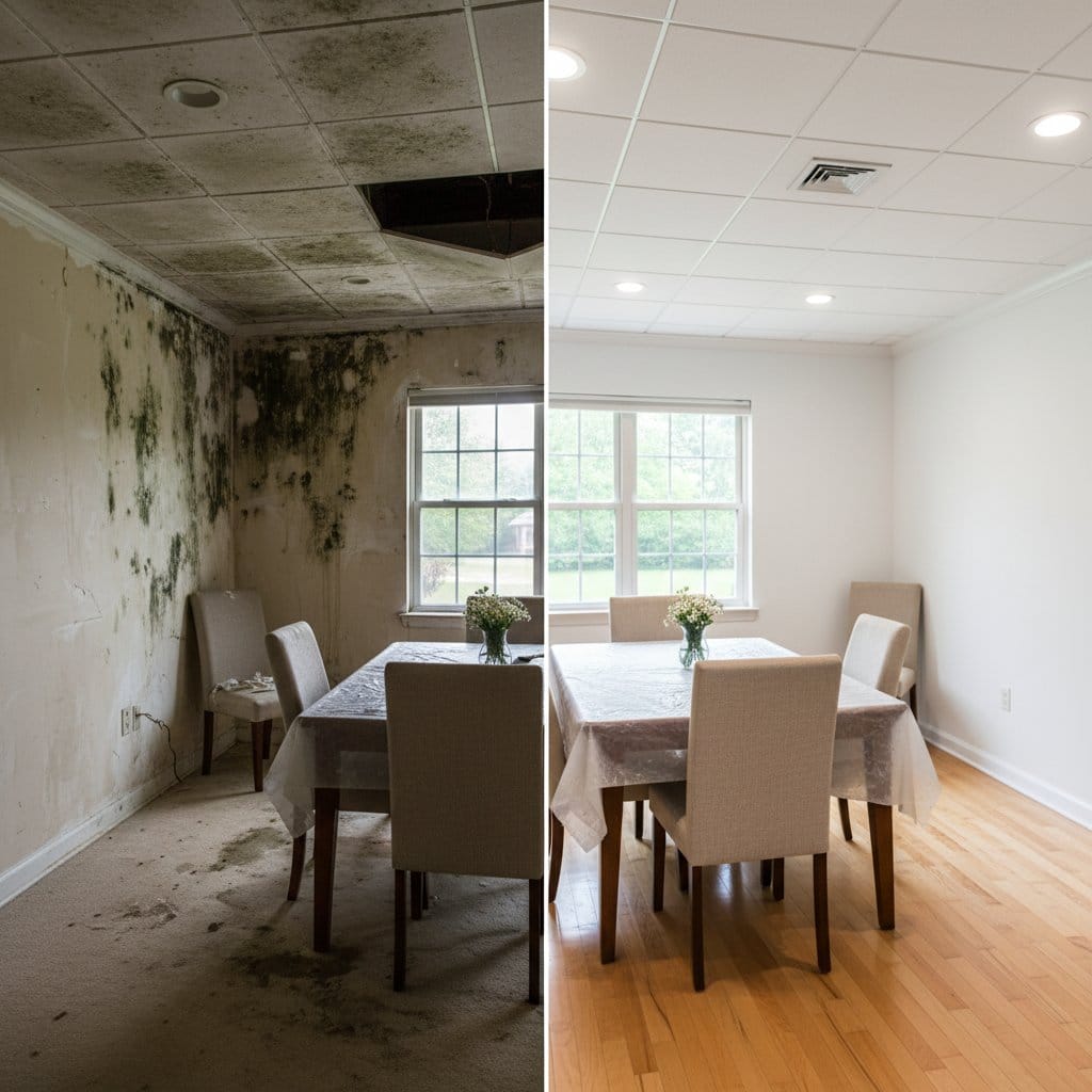 Before and after black mold removal in Ho-Ho-Kus bungalow dining room