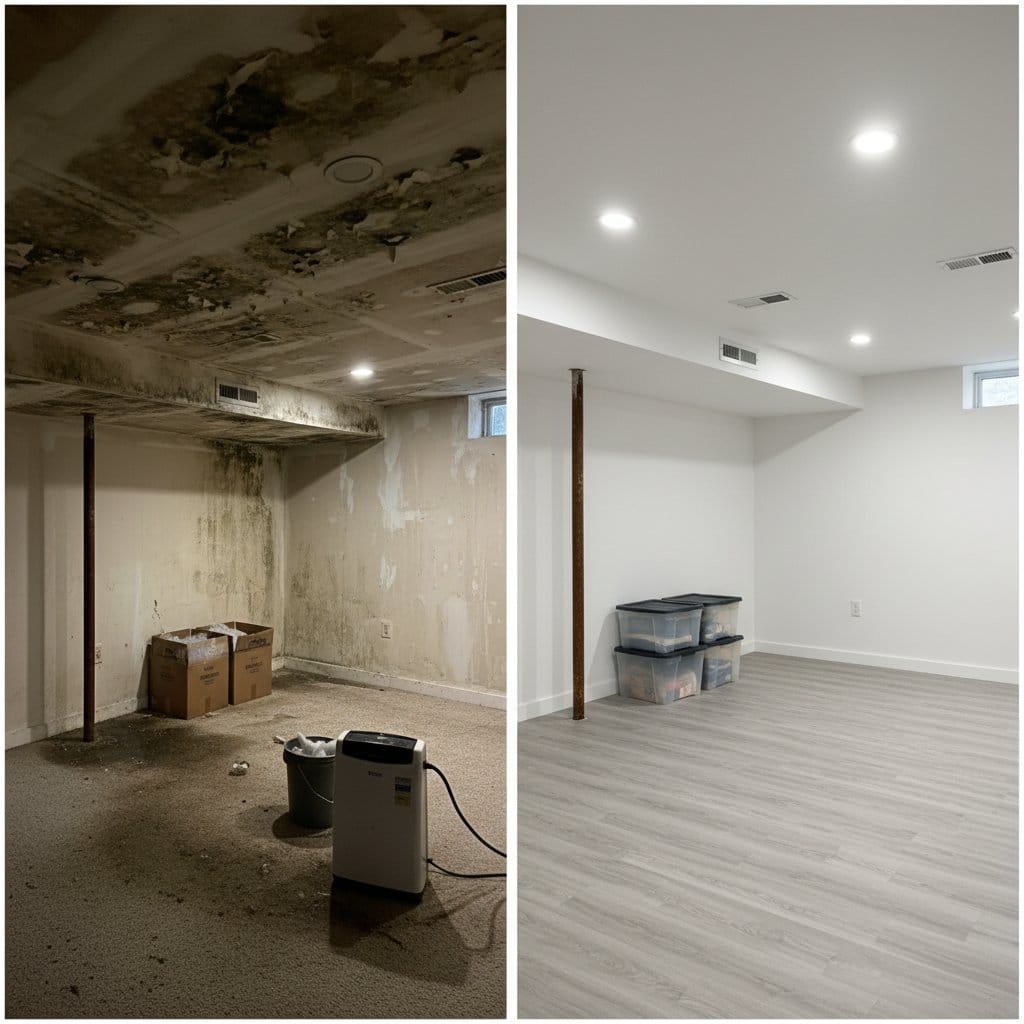 Attic & Crawl Space Mold Removal before and after in finished basement, Ho-Ho-Kus NJ