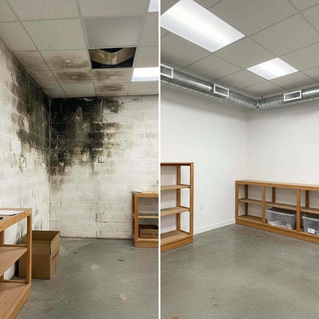 Before and after attic & crawl space mold removal in Ho-Ho-Kus Cape Cod house storefront interior