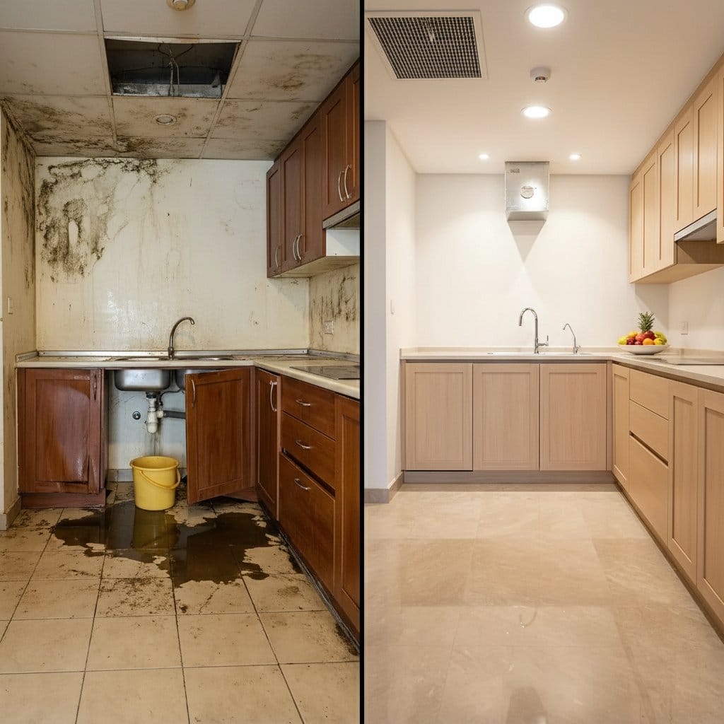 Basement & Foundation Mold Removal restoration β home kitchen of two-story residence in Ho-Ho-Kus, NJ
