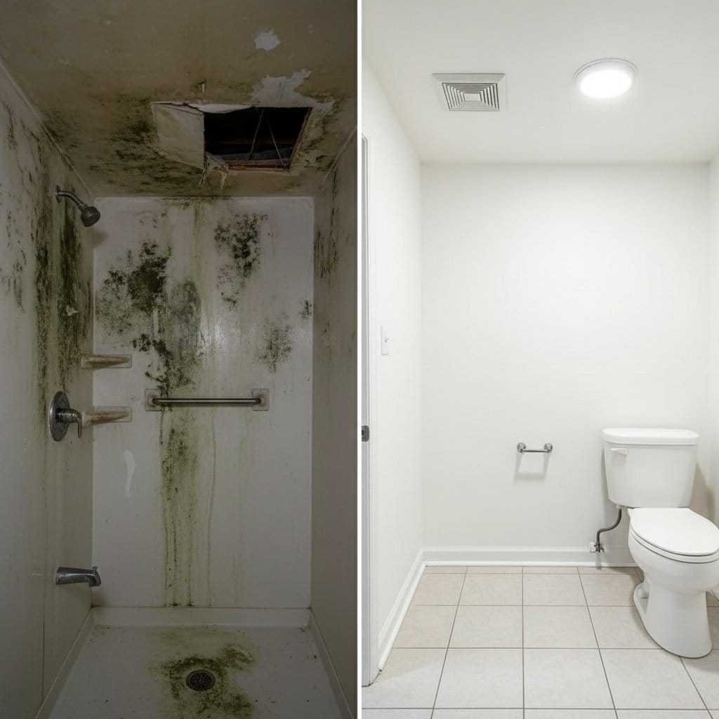 Before and after basement & foundation mold removal in Ho-Ho-Kus private residence bathroom