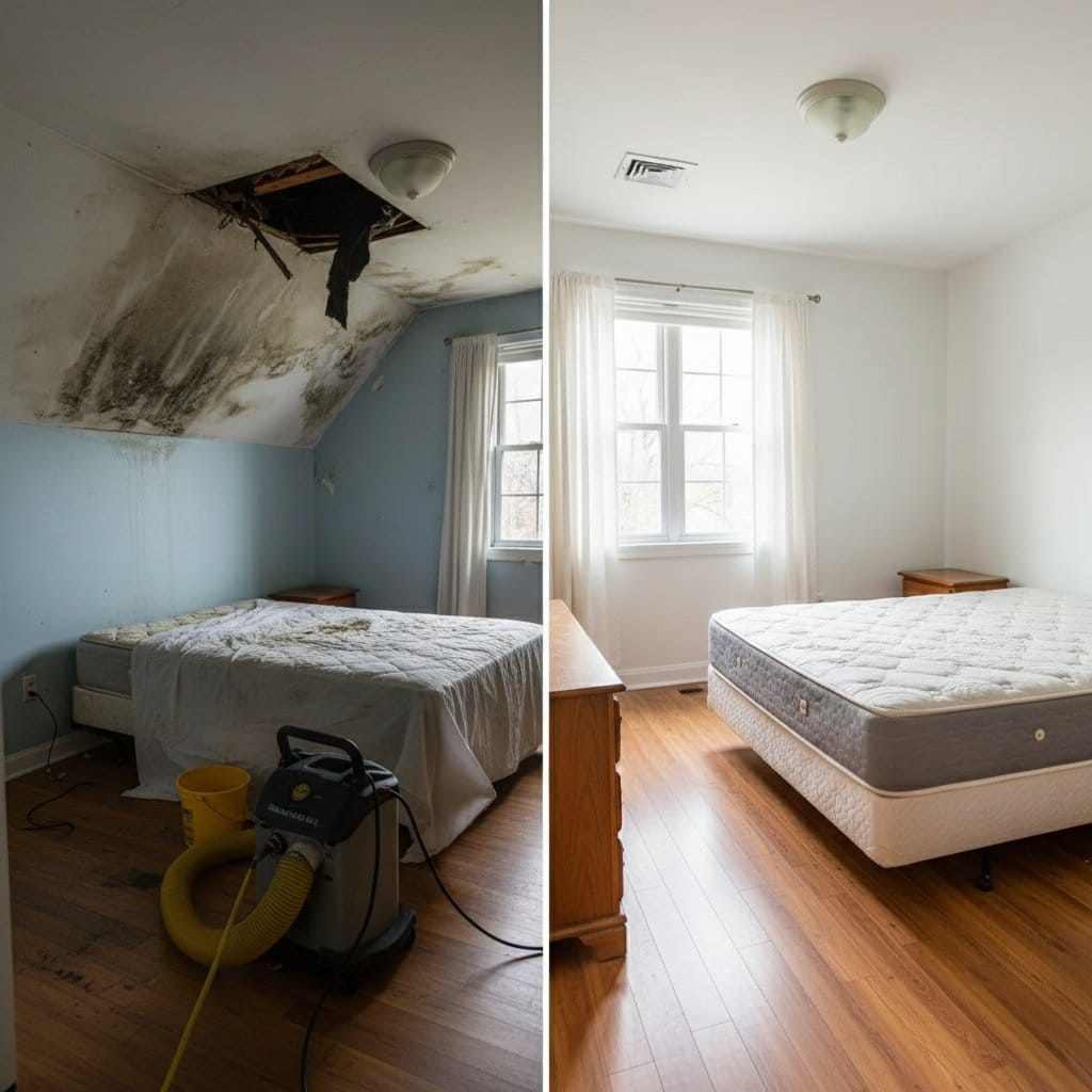 Before and after bathroom & kitchen mold removal in Ho-Ho-Kus bi-level home bedroom