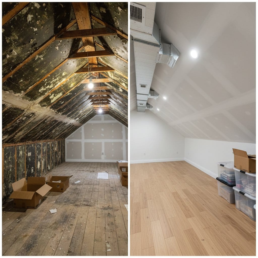 Before and after post-remediation cleaning & clearance in Ho-Ho-Kus single-family home attic space