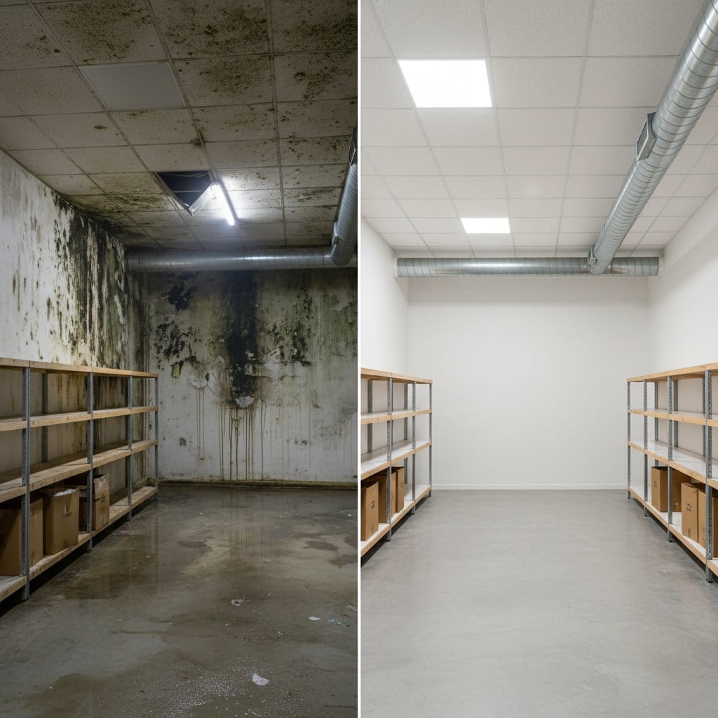 Before and after humidity & moisture control solution in Ho-Ho-Kus townhouse storefront interior