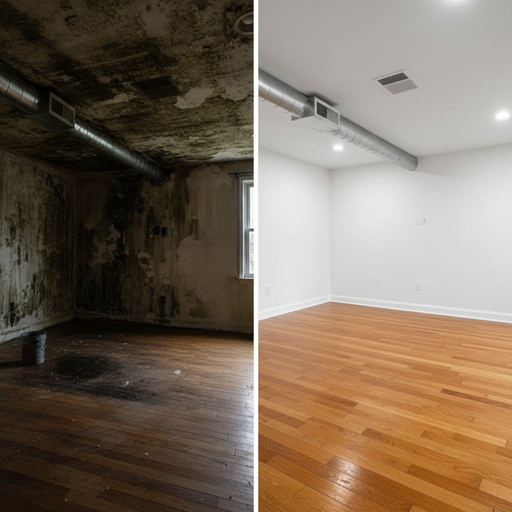 Ho-Ho-Kus Mold Removal living room restoration before and after in Ho-Ho-Kus